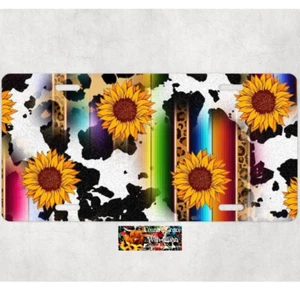 Sunflower Cow Print Car Tag Handmade Vehicle Auto License Plate Metal Aluminum - Picture 1 of 1