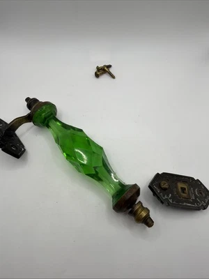 Victorian Green Glass Door Handle W Brass Backplate - Antique Style HomeWare 7” - Image 1 of 4