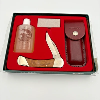 Juego de regalo de cuchillos de cubiertos Bear MGC mango de madera hoja de bloqueo hecho en EE. UU. Estuche de cuero Nuevo de Lote Antiguo Foto 1 de 4