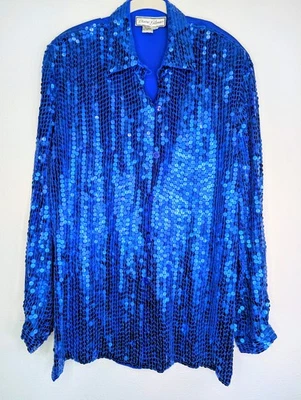Blusa vintage de seda con cuello de lentejuelas azul talla M de DIANE GILMAN para mujer Foto 1 de 4