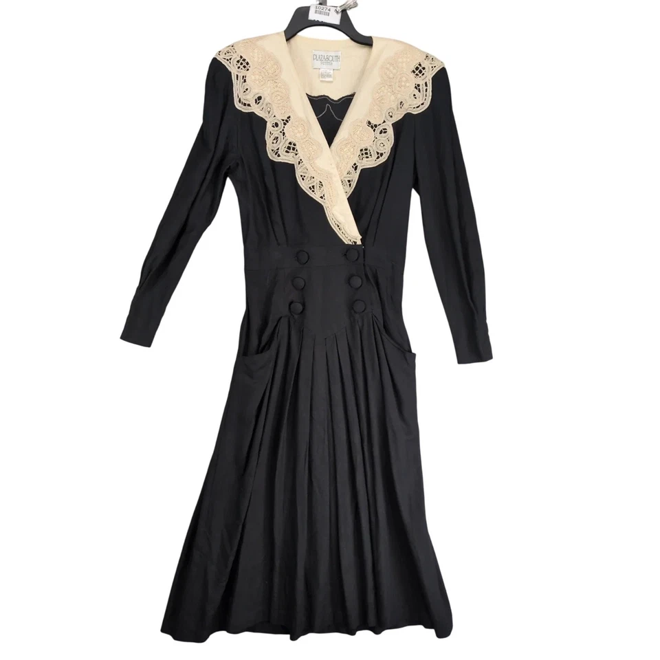 Vtg 90s Plaza South Ivory Lace Black Pleated Midi Dress Sz 6 Dark Academia Goth - Image 1 of 4