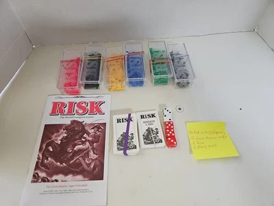Juego de riesgo 1993 piezas 44 cartas incompletas 6 ejércitos 5 dados 12 cartas de misión instrucciones Foto 1 de 4