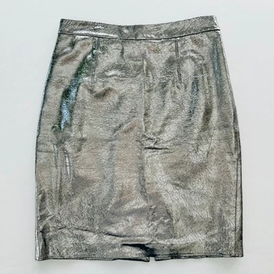 Falda midi de cuero Milly plateada talla 4 estampado arrugado hasta la rodilla lápiz negocios Foto 1 de 4