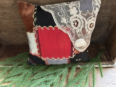 Primitive Stitchery  Antique Crazy Quilt Ornie  Tuck Christmas Winter Lace - Image 1 of 2