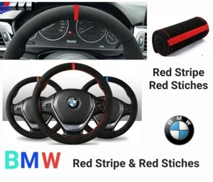 BMW ALCANTARA STEERING WHEEL COVER RED STRIPE & RED STICHES - Picture 1 of 13