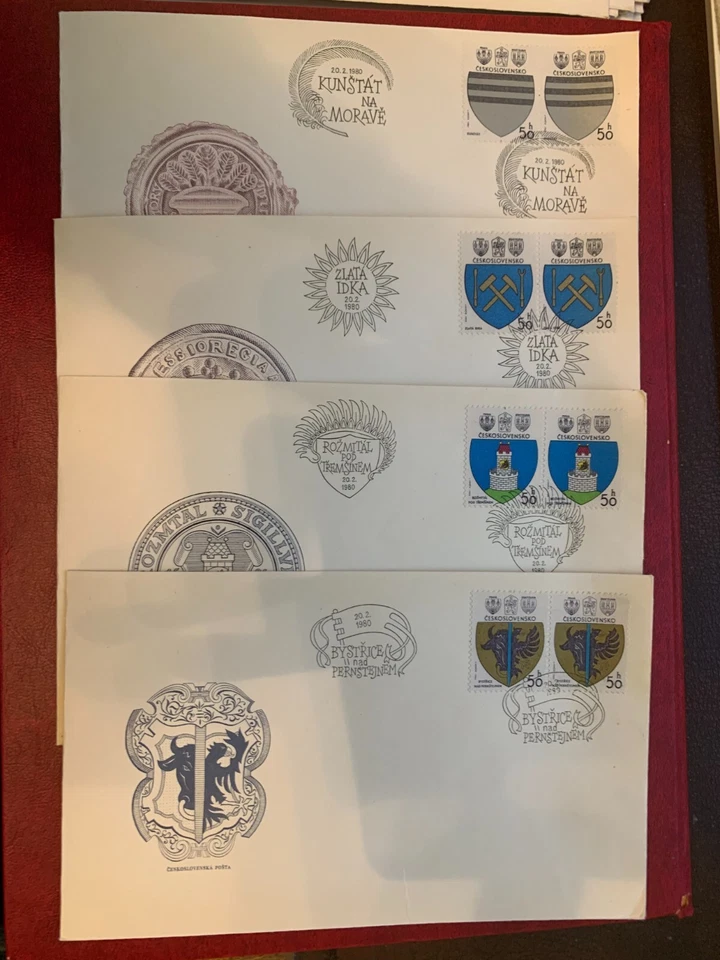 CHECOSLOVAQUIA 1980 FDC x 4 ESCUDO DE ARMAS KUNSTADT ZLATA IDKA BYSTRICE ROZMITAL Foto 1 de 1