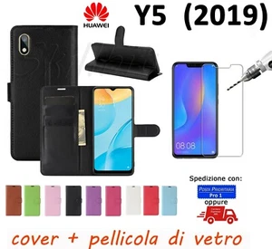 COVER CASE CUSTODIA PORTAFOGLIO LIBRO CARTE TESSERE PER HUAWEI Y5 2019 + VETRO - Zdjęcie 1 z 13