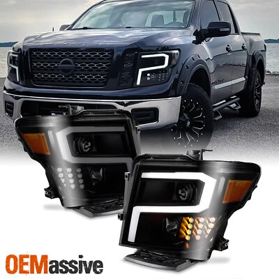 Fits 2016-2024 Nissan Titan Projector Headlights w/ LED Signal Tube- Black Smoke - Image 1 of 4