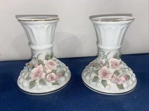 Vtg PAIR Lefton White Porcelain Hobnail Capodimonte Style Taper Candleholders - Picture 1 of 9