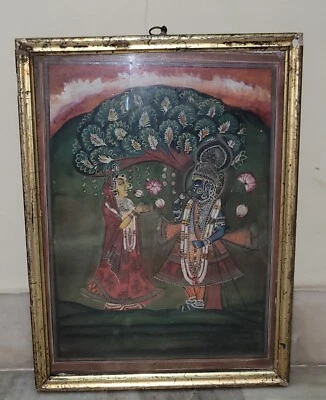 Antique Collectible Hand Painted Indian Miniature Lord Krishna Radha Painting - Image 1 of 4