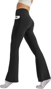 Women's High Waist Flare Yoga Pants Casual Bootcut Leggings with Side Pockets - Picture 1 of 80