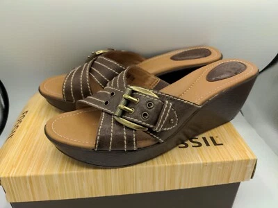 Fossil Maxine Espresso Slide Brown Leather Wedge Sandals 9.5 - Image 1 of 4