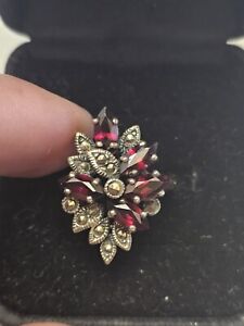 Vintage Sterling Silver With Marcasite & Red Gemstones Cocktail Ring Size 9.2 H4