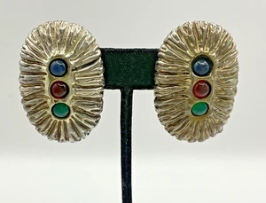 DD15 Vintage 925 Sterling Silver W/ Multi Stones Oval Textured Clip On Earrings - Picture 1 of 7