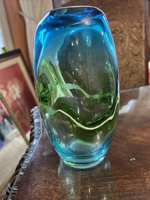 Modern hand blown blown Glass blue green  Teal Colorful Vase divots - Image 1 of 4