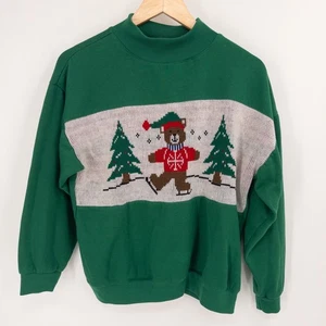 Vintage 80s Christmas Bear Sweatshirt Ice Skating Knit Green Holiday Novelty - Picture 1 of 8