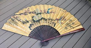 Vtg Ex Large Chinese Fan Hanging Wall Art Birds Floral Hand Painted 40” X 70” - Picture 1 of 22