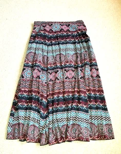NWT Womens Skirt-LAURA SCOTT-maroon/teal/white "Crinkle Print" peasant BOHO-M - Picture 1 of 5