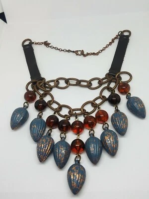 Collar Yochi New York Declaración Tono Cobre Metal Cuero Cuentas Lucite Niveles  Foto 1 de 4