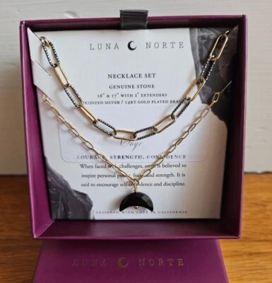 Luna Norte Genuine Onyx Stone Oxidized Silver 14K Gold Plated Brass Necklace - Image 1 of 4