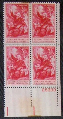 US 3¢ stamp SC #1073 BENJAMIN FRANKLIN plate block MH  1956. - Image 1 of 2