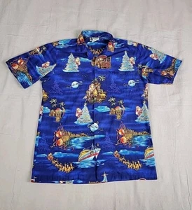 Aloha Republic Hawaiian Shirt Mens L Blue Christmas Santa Camp Dad Lightweight - Picture 1 of 13