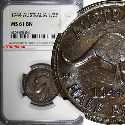 Australia George VI Bronze 1944 1/2 Penny NGC MS61 BN BETTER DATE KM# 41 (041) - Image 1 of 4