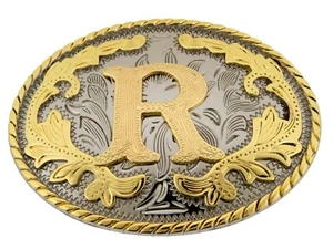 Initial Letter R Belt Buckle Western Rodeo Cowboy Gold Silver Metal New Fashion - Picture 1 of 2