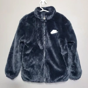 Nike Black Faux Fur Jacket Toddler Size Medium 5/6 Futura Embroidered Swoosh - Picture 1 of 14