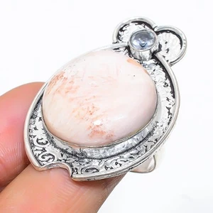 Naranja Scolecite, Blanco Piedra Topacio Hecho 925 Anillo Plata de Ley Tamaño 8 - Imagen 1 de 5