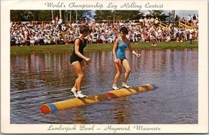 1962 HAYWARD, Wisconsin Postcard WORLD'S CHAMPIONSHIP LOG ROLLING CONTEST Women - Picture 1 of 2