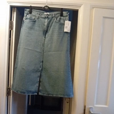 Cos - Blue A-Line Denim Midi Skirt - (Distressed front pockets) -  Size 16 - Image 1 of 4