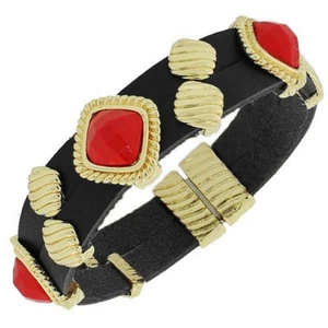 Black Leather Yellow Gold Tone Red Gem Stones Womens Wristband Bracelet - Picture 1 of 3