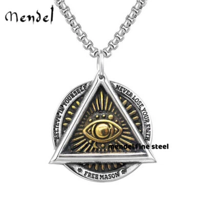 MENDEL Mens Gold Plated Hip Hop Masonic Evil Eye Of Providence Pendant Necklace - Image 1 of 4