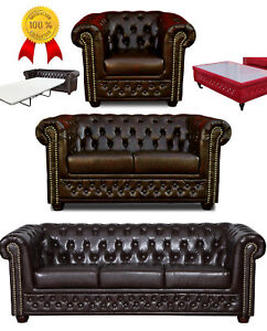 CHESTERFIELD SET Sofa 3 SITZER Bett SESSEL Hocker TISCH Dunkelbraun LEDER LOOK