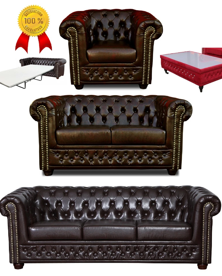 CHESTERFIELD SET Sofa 3 SITZER Bett SESSEL Hocker TISCH Dunkelbraun LEDER LOOK