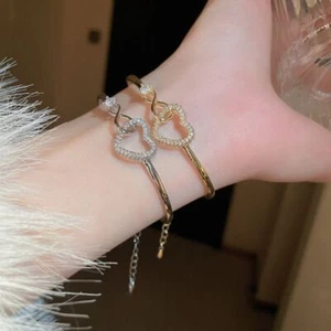 Rhinestone Love Heart Open Bangles Copper Women's Jewelry - Picture 1 of 10