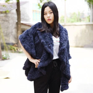 Knit Rabbit Fur Shawl With Ruffled Edge, Real Fur Shawl, Real Fur Cape -Navy - Picture 1 of 5