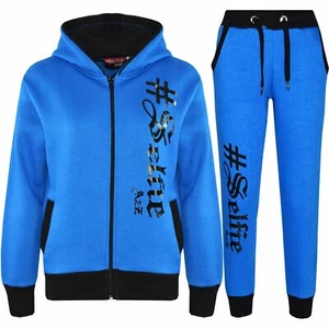 Kids #SELFIE Royal Tracksuit Hoodie Sweatpants Zipper Joggers Set Girls Boys - Picture 1 of 6