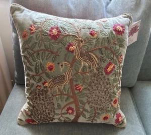 Embroidered Peacock Pillow aqua, raspberry gold cord. zip closure Nwt - Picture 1 of 2