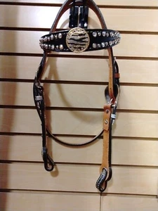 Alamo Saddlery Browband Headstall Black Gator, LOADS of Crystals/Zebra Conchos - Picture 1 of 8