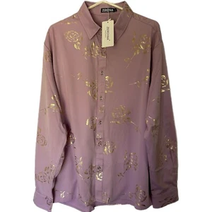 Zeroyaa Purple Foil Gold Rose Dress Shirt Mens XXL Long Sleeve NWT Button - Picture 1 of 17