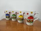 Vtg Set Of 4 Colorful Flower Cart Coffee Mugs Tea Cups Red Blue Green Yellow