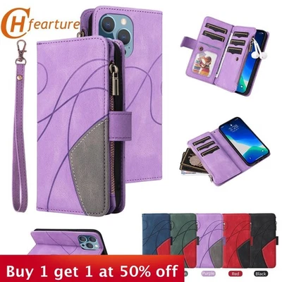 For iPhone 17 Air 17 16 15 14 13 12 Pro Max XS XR 8 7 Leather Wallet Phone Cover - Image 1 of 4