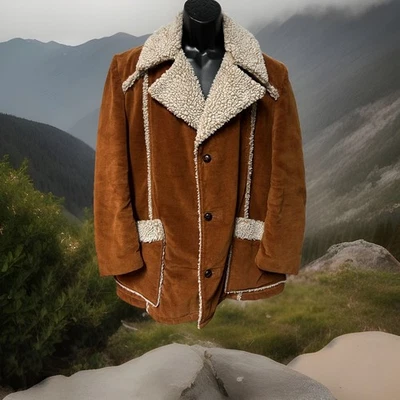 Vtg JCPenney Sherpa Coat Corduroy Jacket Western Marlboro Man 70s Men Large 44 - Image 1 of 4