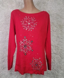 Boston Proper Red Beaded Christmas Sweater Size XL Ribbed Sequin Snowflakes N - Picture 1 of 7