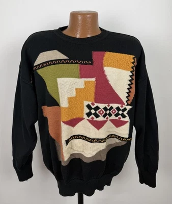 Vintage 90s Sweater Mens Medium Colorful Art to Wear Grandpa Dad Geometric Retro - Image 1 of 4