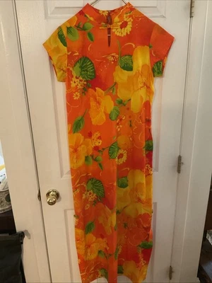 60's Vintage Hawaii Hawaiian Gogo Geisha Bright Orange Vivid Color Dress Size 12 - Image 1 of 4