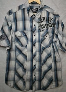 Harley Davidson Pearl Snap Kurzarm Hemd, Gr. Large, kariert blau/weiß graphi - Bild 1 von 10