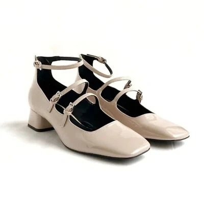 (A2) Zara Beige/Tan Multi Strap Square Toe Patent Leather Mary Jane Shoes,US40/9 - Image 1 of 4